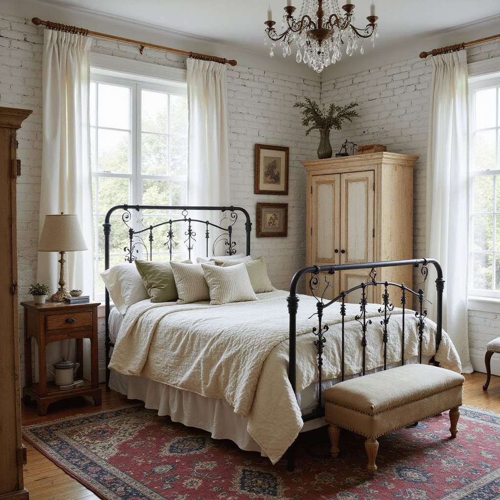 A rustic farmhouse bedroom featuring whitewashed brick walls, an ornate iron bed with vintage quilts and ticking stripe pillows, distressed wooden flooring with layered Oriental rugs, a crystal chandelier, and an antique pine armoire, all illuminated by bright mid-morning light.