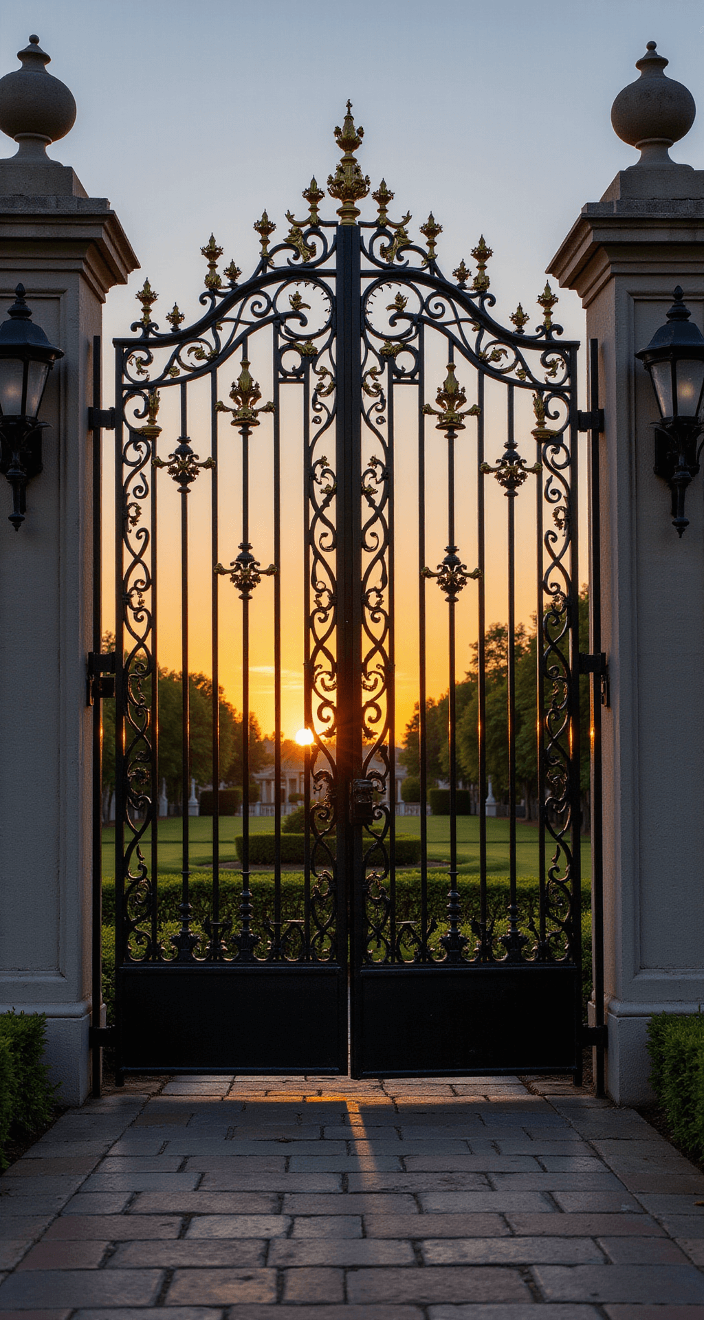 Luxurious wrought iron estate fence at sunset, featuring ornate scrollwork and gold-leafed finials, silhouetted against a dramatic backdrop, framed by classic limestone pillars and gas lanterns.