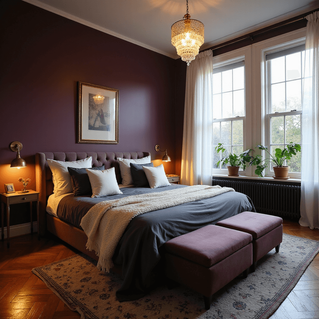 A cozy master bedroom with deep plum walls, featuring a king-sized bed with charcoal linen and ivory silk pillows, a velvet headboard, and warm golden hour light filtering through sheer curtains. The room includes herringbone hardwood floors, a cream wool throw, brass sconces, a vintage crystal chandelier, floor-to-ceiling windows with potted monstera plants, and a muted geometric Moroccan rug, all shot from a low angle.