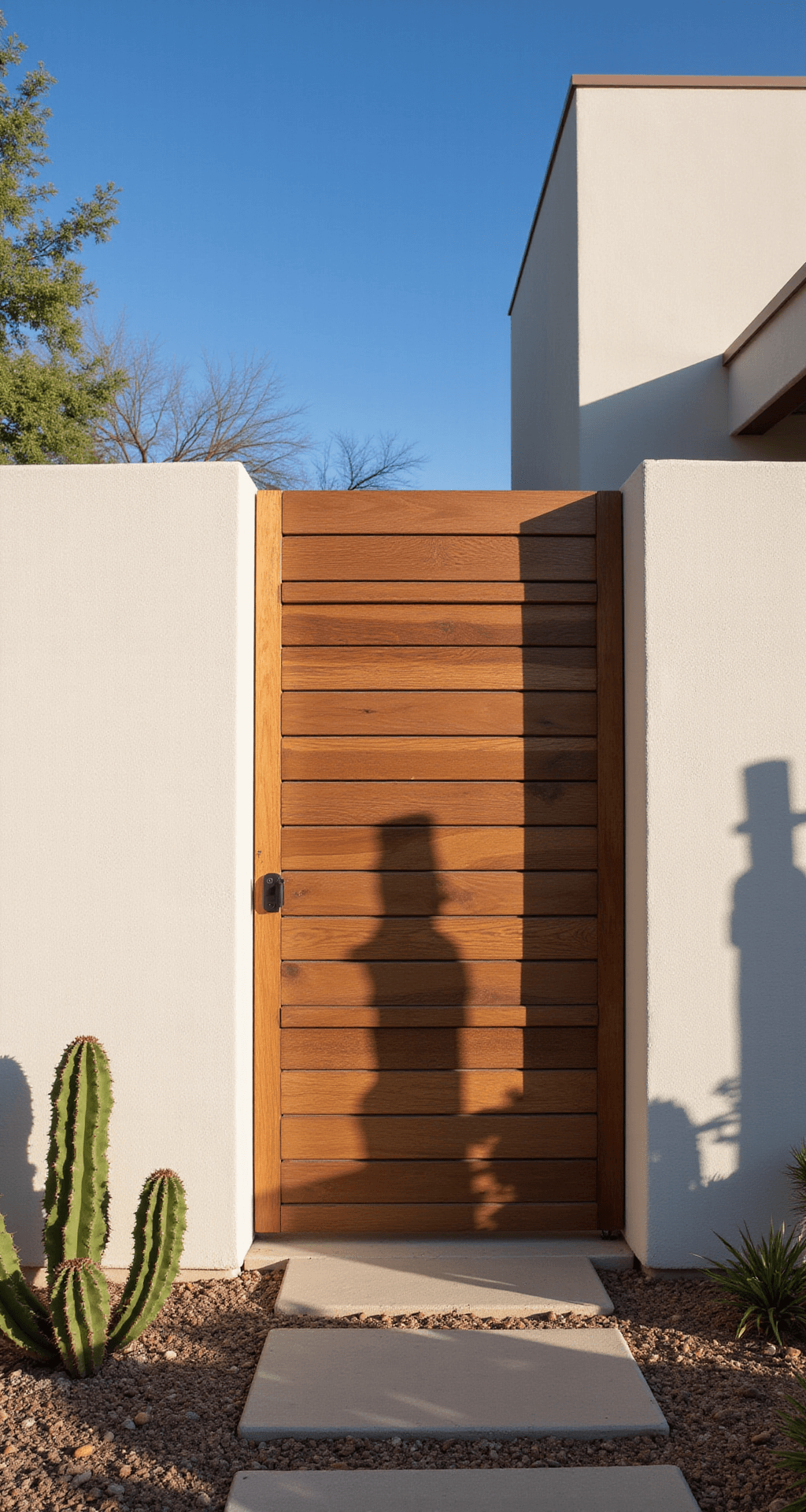 Contemporary stucco and ipe wood gate in harsh midday sun, with smooth warm white walls and deep shadows highlighting textural contrast, minimal desert landscaping, and hidden LED lighting for evening ambiance.