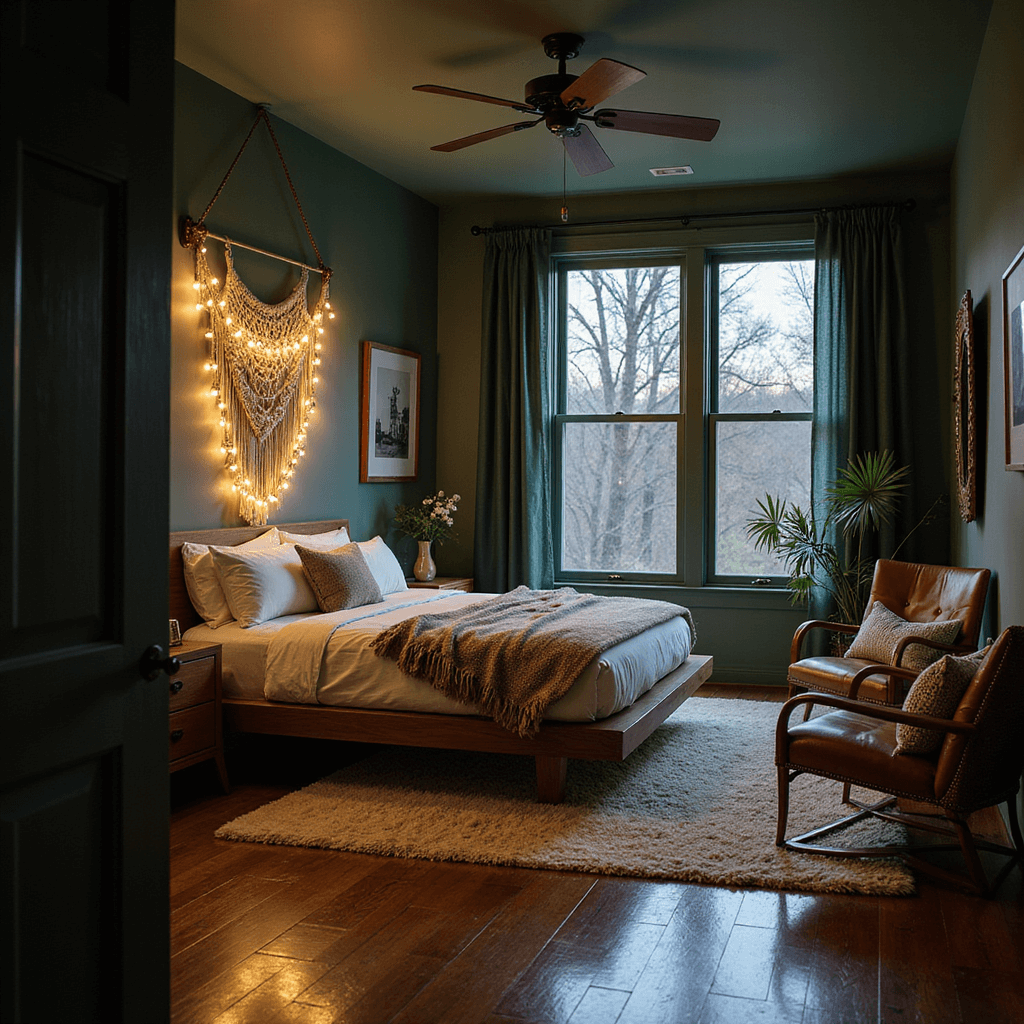 A cozy 12x14ft bedroom with forest green walls, featuring a walnut platform bed on a cream bouclé rug, illuminated by copper string lights and warm picture lights, showcasing layered textures like velvet curtains and faux fur throws, with a brass floor mirror reflecting dusk light.