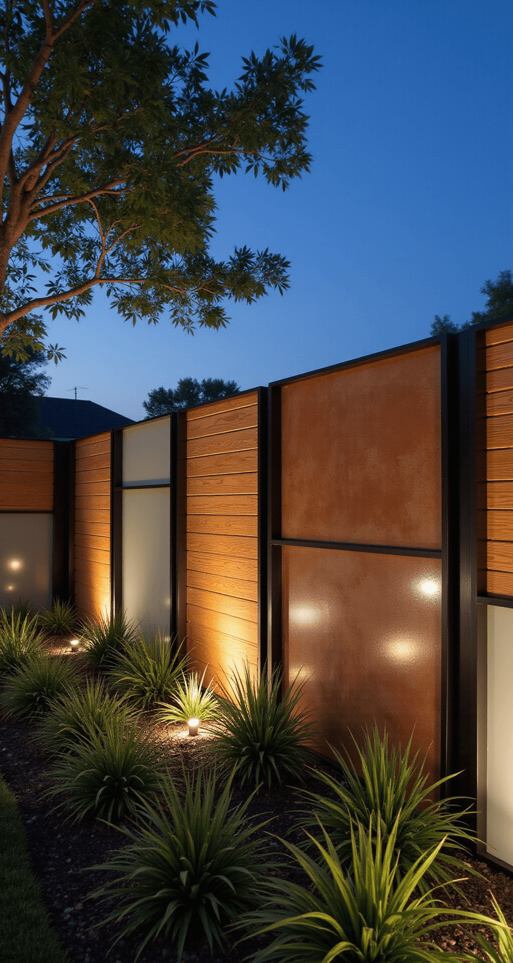 A modern fence design at twilight, featuring alternating panels of frosted glass, Corten steel, and horizontal cedar at a 6-foot height. Ground lighting creates a floating effect as shadows from architectural plants dance across the varied surfaces, showcasing a contemporary Asian influence in proportions and materials. The image captures the sophisticated evening ambiance with integrated lighting from a slight angle to highlight material transitions.