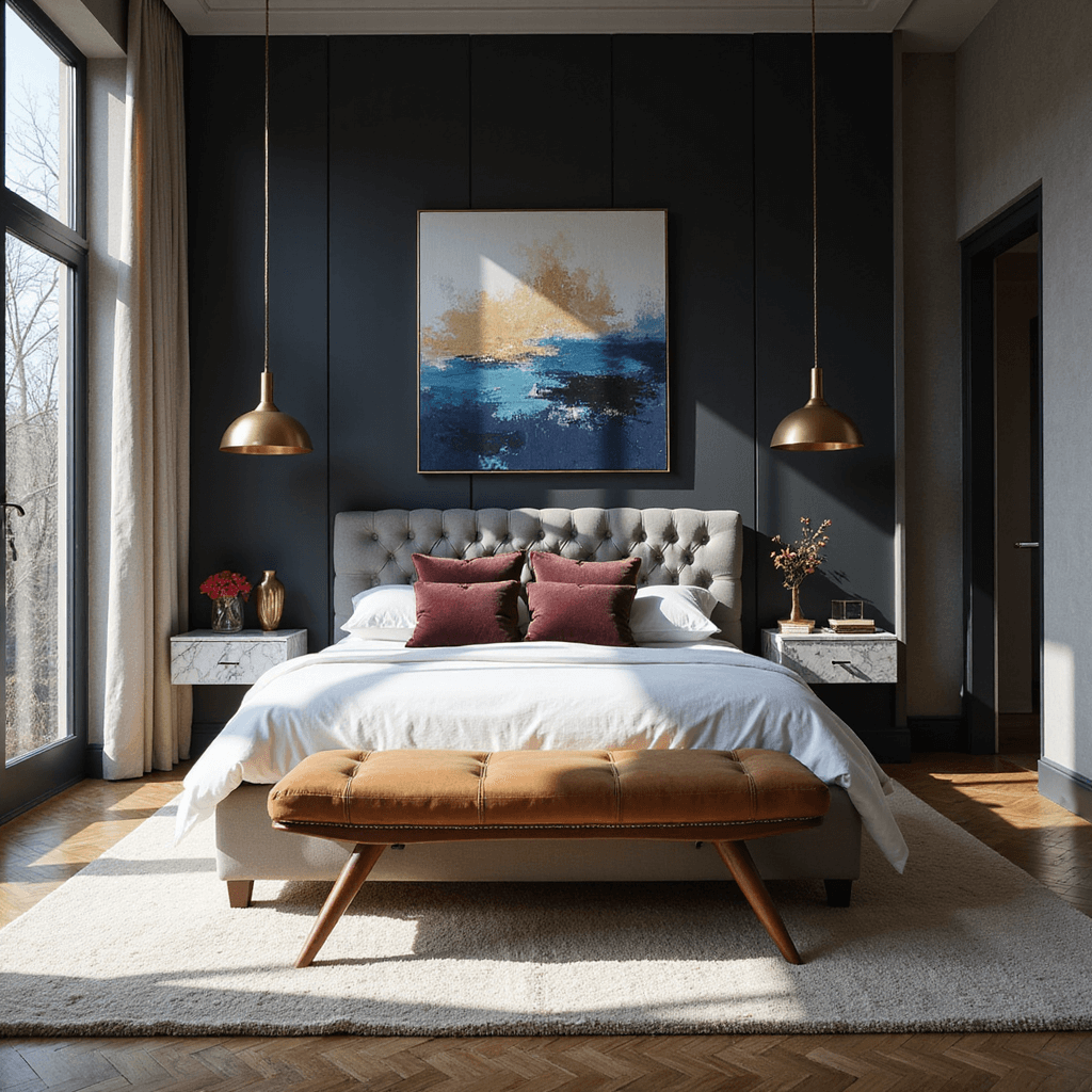 Modern bedroom sanctuary featuring a charcoal black accent wall, gray velvet bed with burgundy pillows, and a camel leather bench. Late afternoon sunlight casts dramatic shadows through floor-to-ceiling windows. Brushed gold pendant lights above marble nightstands and a large abstract canvas in blues and golds. Thick cream carpet enhances comfort and herringbone floors create dynamic leading lines.