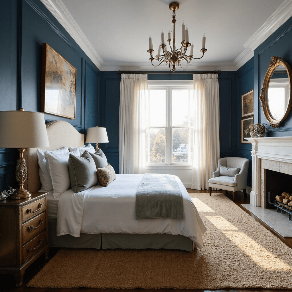 A cozy primary suite with navy blue walls and 12ft ceilings, featuring a California king bed dressed in white linens and velvet pillows, a vintage Persian rug, and natural light filtering through gauzy white curtains, captured at golden hour.