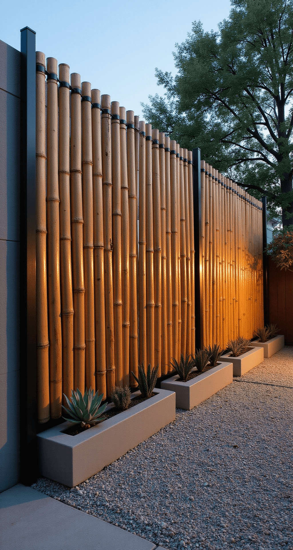 A modern minimalist backyard at golden hour featuring an 8-foot bamboo privacy fence, raked gravel zen garden, and succulent-filled concrete planters, captured from a low angle to emphasize height and clean lines.
