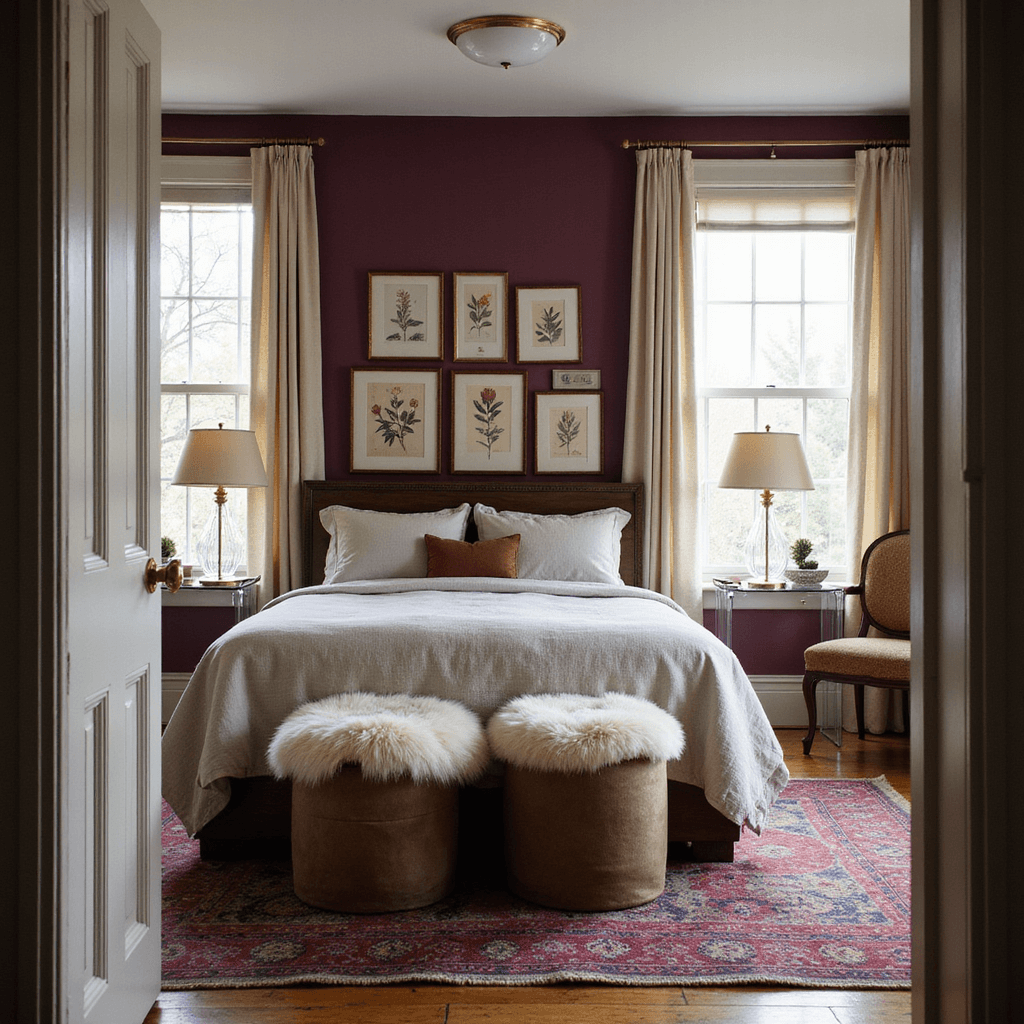 Cozy 10x12ft bedroom with deep aubergine walls adorned with brass-framed botanicals, featuring a queen bed in stonewashed linen facing east windows with vanilla silk panels, morning light illuminating crystal doorknobs and mercury glass lamps, Mongolian fur stools under a lucite console, and a vintage overdyed rug in jewel tones.