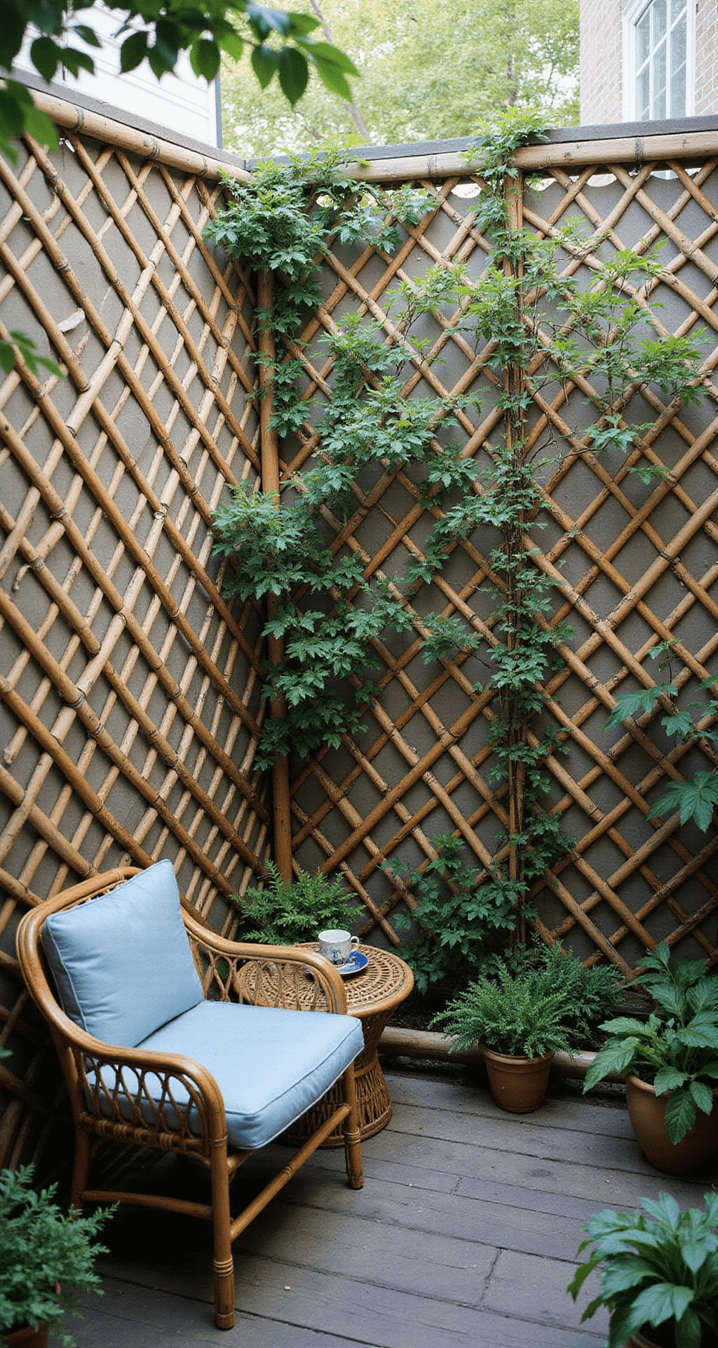 An intimate 15'x15' courtyard garden featuring a diagonal lattice bamboo fence with diamond patterns, weathered bamboo poles intersecting at 45-degree angles, and copper wire details. Boston ivy climbs the fence, while vintage rattan furniture with indigo cushions is positioned against it. The overhead shot captures geometric patterns in natural diffused lighting, with dappled shadows enhancing the scene.