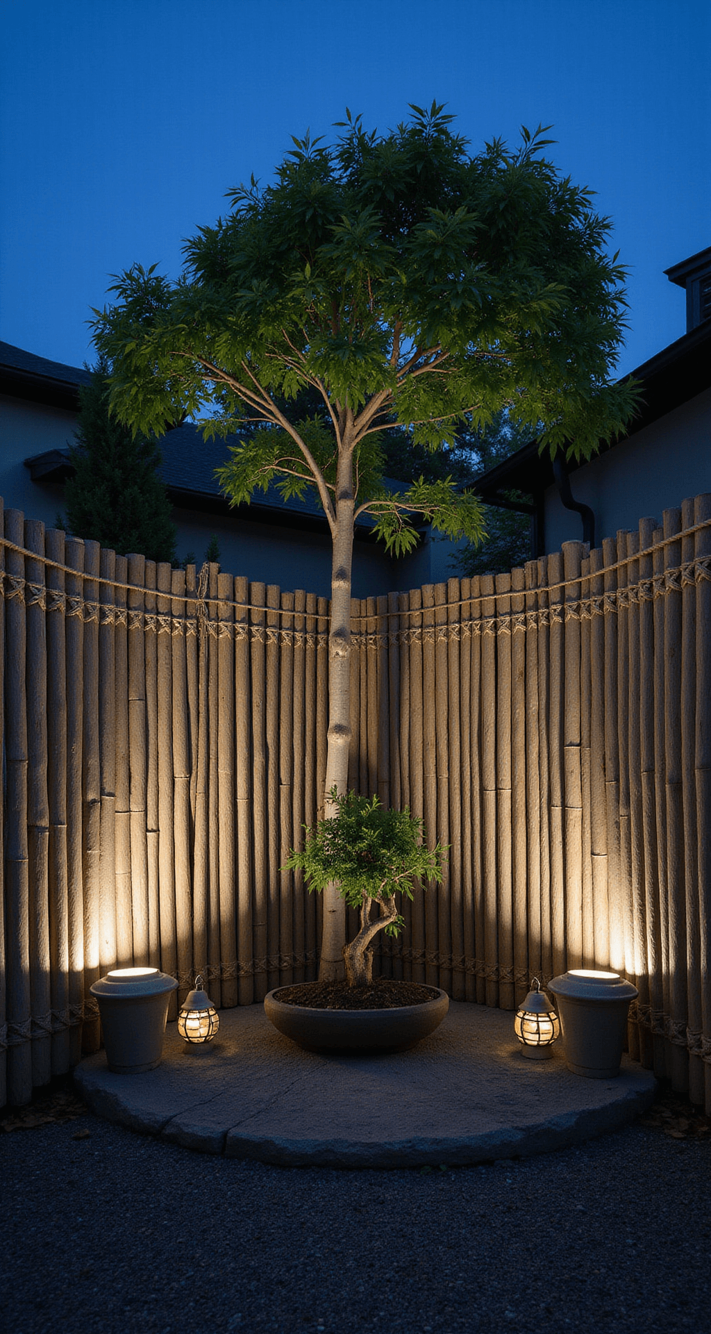 A serene meditation garden corner at blue hour featuring a traditional bamboo fence with decorative knots, flanked by softly glowing stone lanterns, and a centered maple bonsai, all captured at eye level for an intimate perspective.