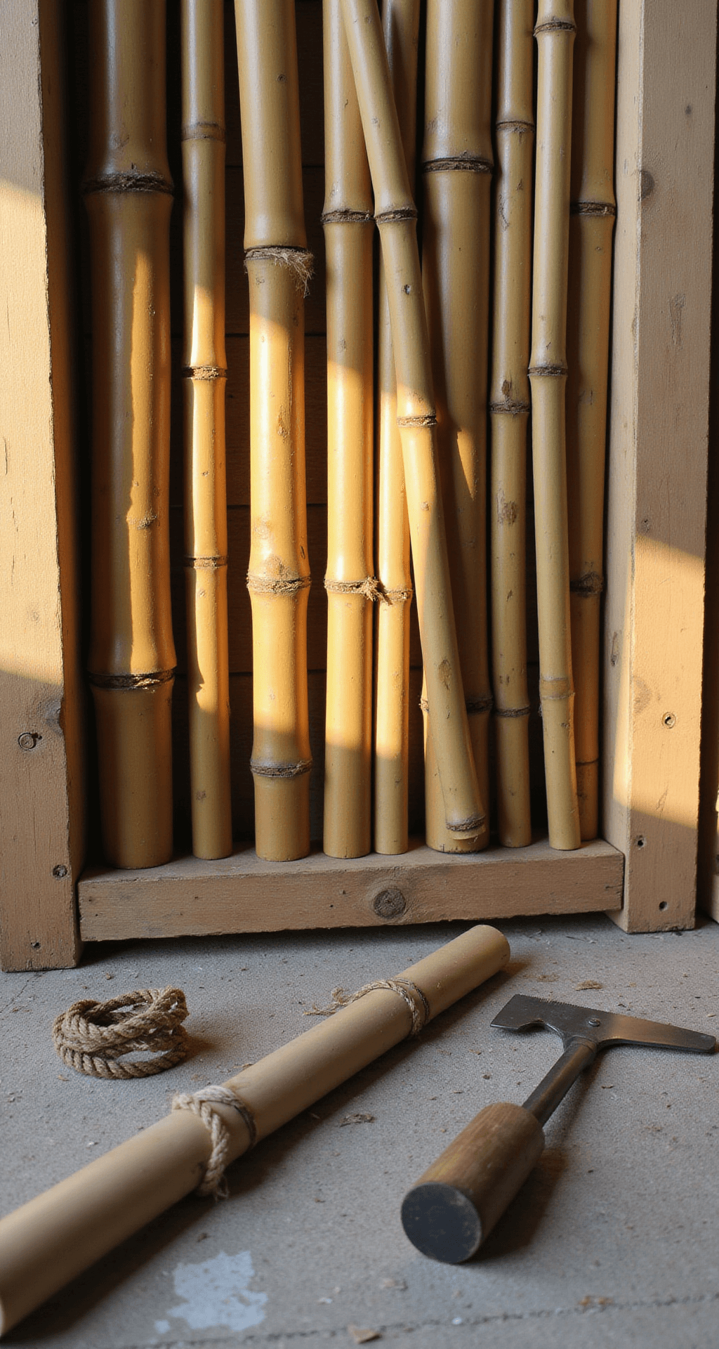 A DIY bamboo garden installation in progress, showcasing raw bamboo poles arranged vertically against cedar posts with visible spacing guides, while essential tools like a handsaw, drill, natural rope, and stainless steel wire are artistically arranged in the foreground, all illuminated by warm morning light that highlights the textures of the materials.
