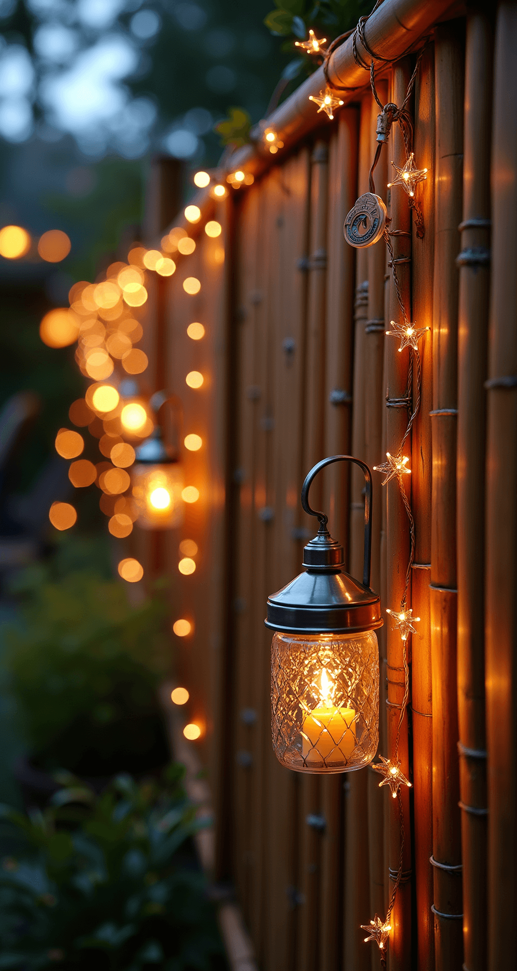 Twilight garden entertainment area featuring a bamboo fence strung with fairy lights, copper wire details, hanging mason jar lanterns with candles, and metallic wind chimes, all set against a dark bamboo stain for a sophisticated ambiance with soft bokeh effects.
