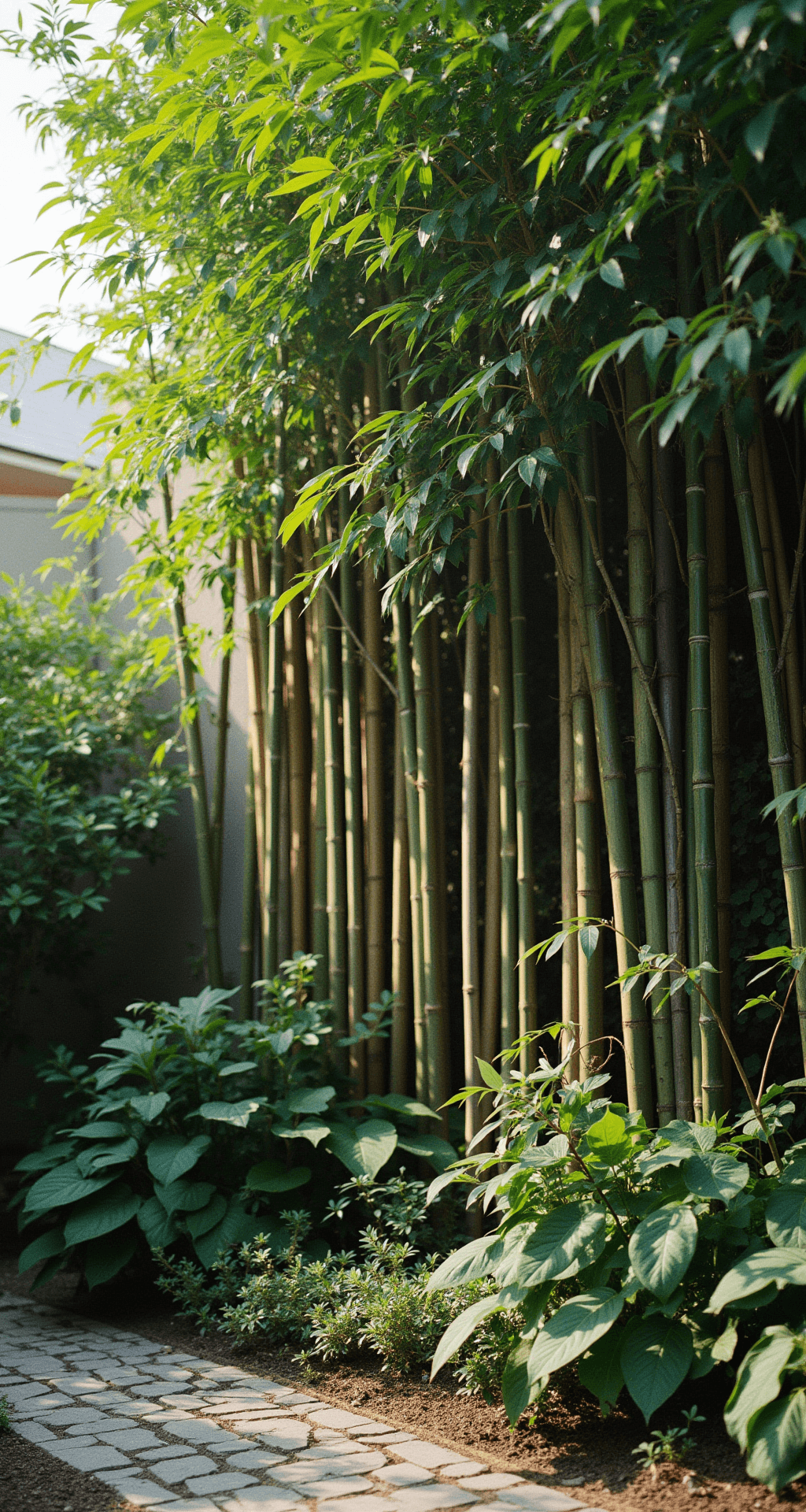 A sustainable garden featuring a mature bamboo privacy screen made of dense 10-foot poles, integrated with native climbing plants. A rainwater collection system is visible, with the aged bamboo displaying a rich green patina. The scene is captured in natural morning light, showcasing the lush growth of the ecosystem in an environmental documentary style.