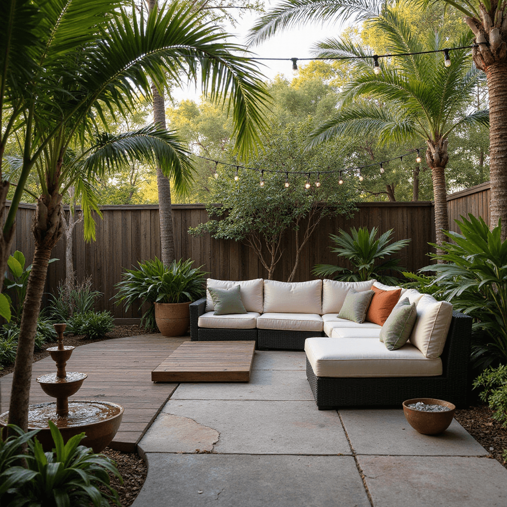 A serene tropical backyard oasis at golden hour featuring a curved stone path leading to a raised IPE wood deck surrounded by lush palm trees and bird of paradise plants. A modern charcoal sectional with cream cushions and sage and terracotta pillows is anchored on the deck, with hanging string lights overhead. In the foreground, a three-tier copper fountain adds gentle water sounds, while dappled sunlight filters through the palm fronds, creating a warm and inviting atmosphere.