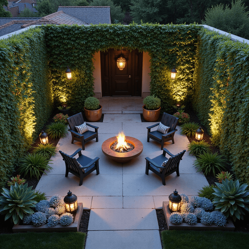 Bird's eye view of an intimate courtyard garden at dusk, featuring a circular fire pit with four matte black Acapulco chairs, surrounded by emerald ivy and jasmine walls. Moroccan lanterns cast intricate shadows on light limestone pavers, while copper planters overflow with silver-blue succulents, all illuminated by warm golden ambient uplighting.