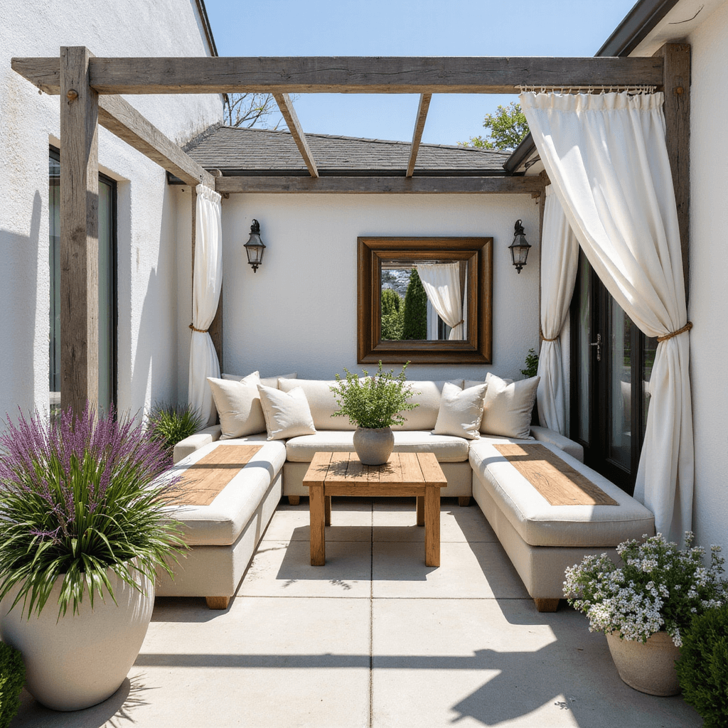 A contemporary mid-morning patio with a custom L-shaped concrete bench featuring weathered teak insets, an overhead pergola with white curtains, and mixed container gardens of purple fountain grass and white flowers, complemented by a large bronze-framed mirror.