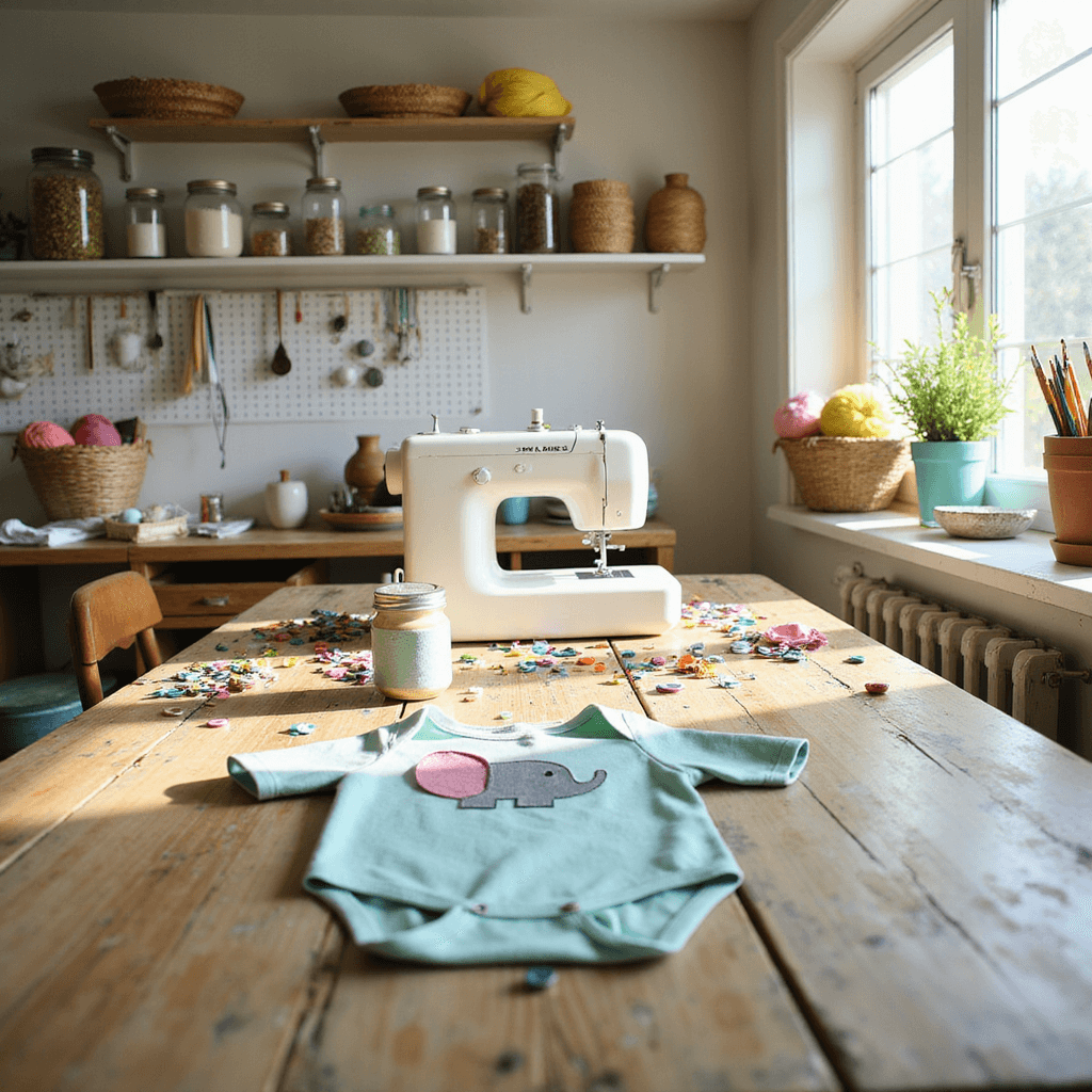 A bright and cheerful craft room filled with morning light, featuring a farmhouse table cluttered with colorful fabric scraps, a vintage sewing machine, and a partially completed onesie with an elephant appliqué, surrounded by mason jars of art supplies and wicker baskets of pastel yarns, against a backdrop of a pegboard wall with crafting tools.