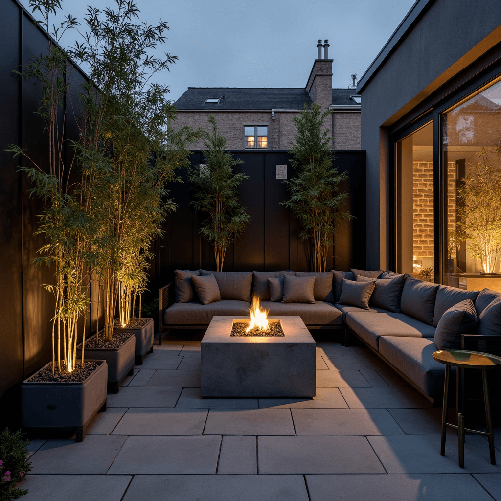 Intimate urban terrace at twilight, featuring modern metal privacy screens casting shadows, a freestanding stone fireplace with LED lighting, low-profile concrete planters with bamboo, and a minimalist charcoal sectional with brass accent tables, all in a moody atmosphere.
