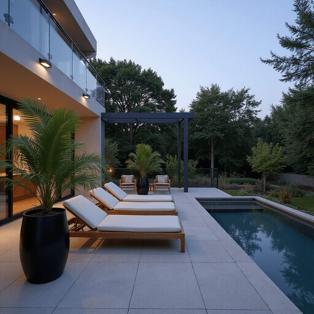 A serene poolside retreat at dusk, featuring a zero-edge pool with a dark bottom reflecting the surroundings, surrounded by contemporary teak lounge chairs and oversized black ceramic planters filled with tropical plants, enhanced by glass wind barriers with integrated LED lighting.