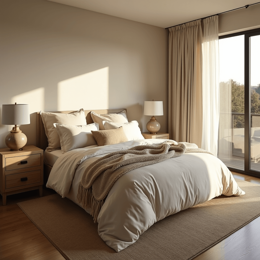 A serene neutral bedroom with a king-sized bed dressed in ivory linens and an oatmeal duvet, bathed in golden afternoon light from floor-to-ceiling windows. The room features weathered oak nightstands, ceramic table lamps with brass accents, and a plush wool area rug, all contributing to a cozy and inviting atmosphere.