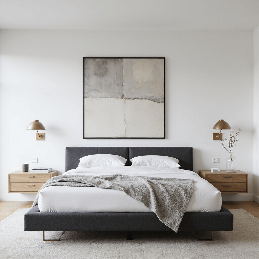 A modern minimalist bedroom featuring a charcoal platform bed with white linens, light grey cashmere throws, and bleached oak floating bedside tables with brass sconces, all set against a pure white wall. A large abstract art piece in neutral tones serves as the focal point, captured in soft morning light to highlight the geometric lines and textures.
