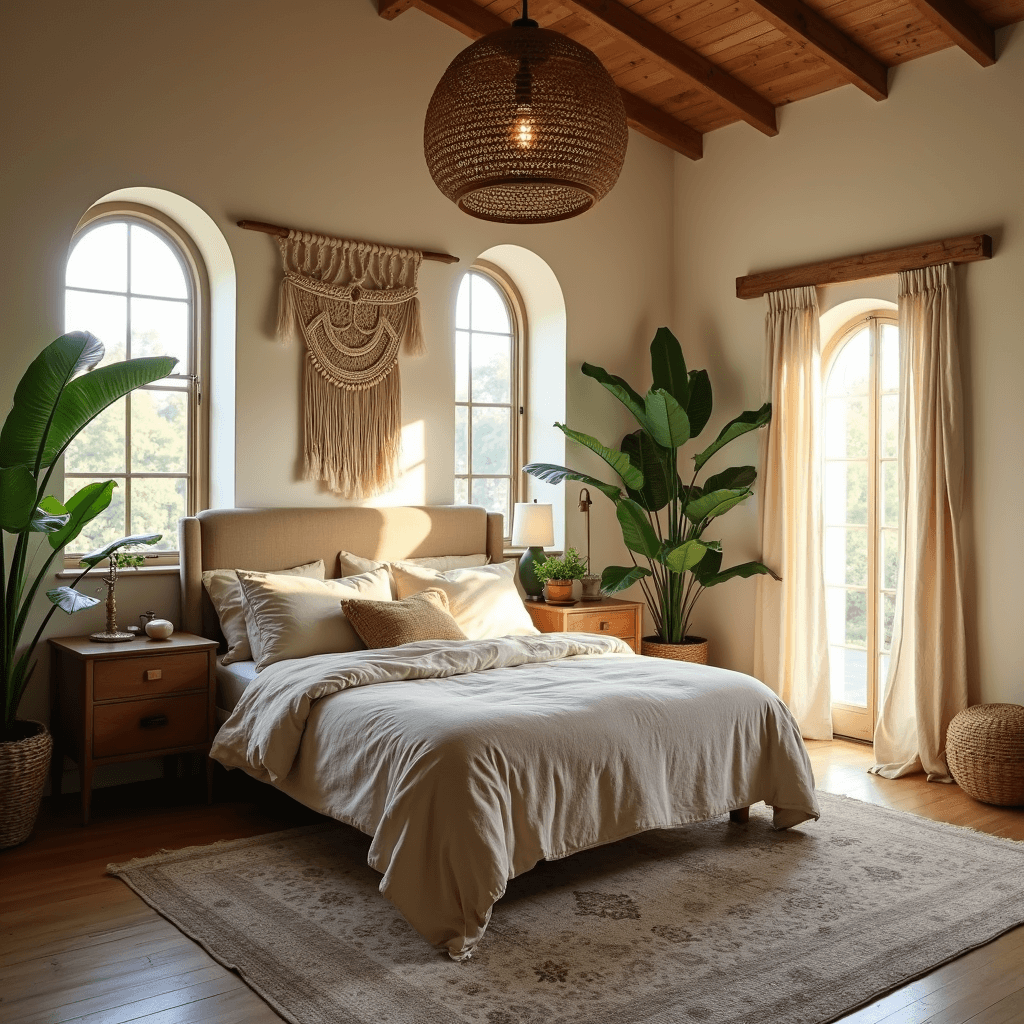 Boho-neutral master bedroom with vaulted ceiling, featuring arched windows, natural linen headboard, unmade bedding with layered pillows, vintage Persian rug, potted palms, and a rattan pendant light, captured during golden hour from an elevated position.