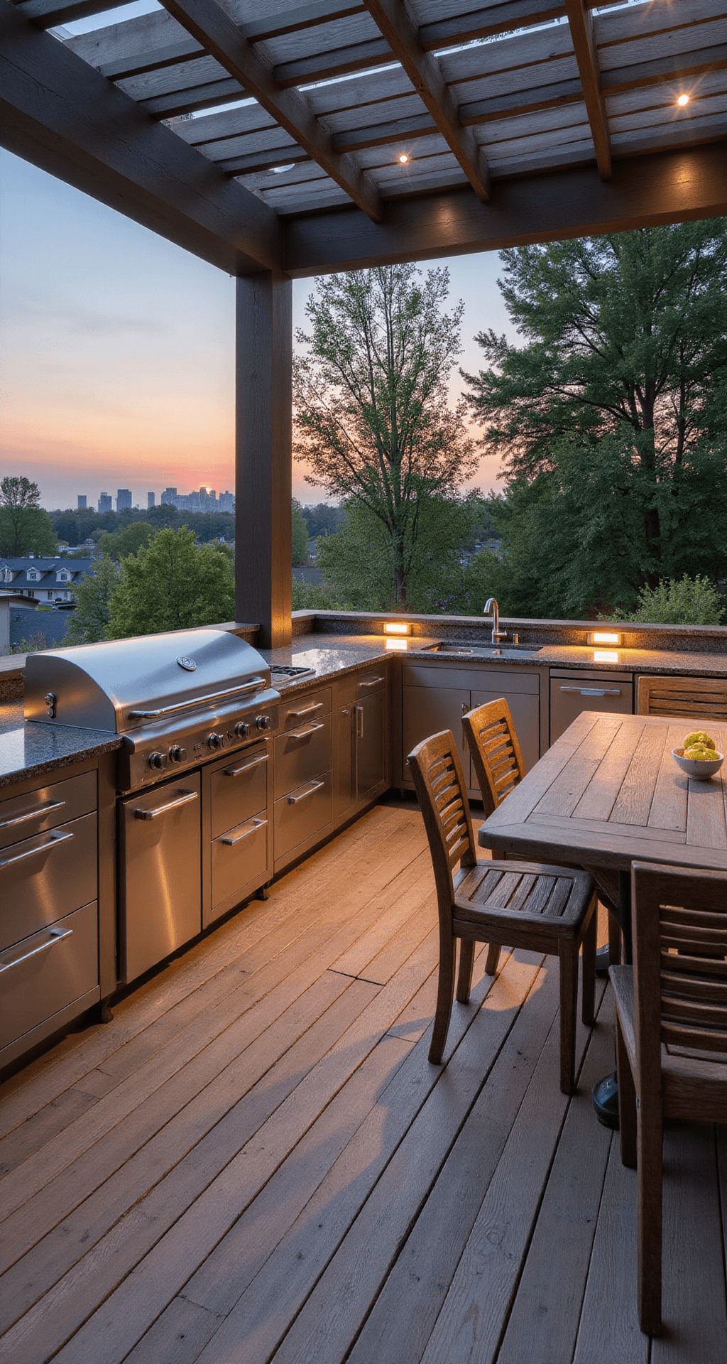 A modern 400-square-foot elevated deck features an L-shaped stainless steel outdoor kitchen with a large grill, polished granite countertops, and a weathered teak dining set beneath a floating pergola. The scene is set during golden hour with city skyline views, warm LED lighting, and composite decking in 'Weathered Barnwood'.