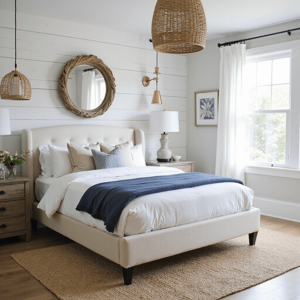 Coastal-inspired bedroom featuring shiplap walls, a navy-accented ivory bed with white linens, a driftwood mirror, woven pendant lights, and a seagrass rug, bathed in bright midday light.