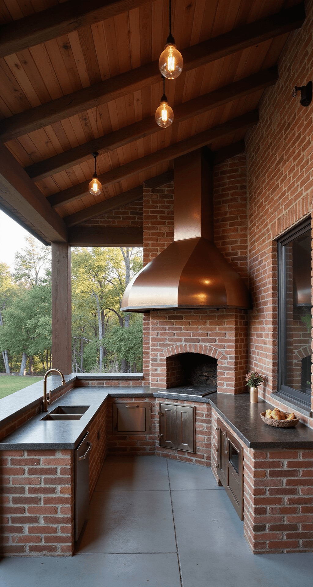 Rustic-industrial outdoor kitchen on a covered deck at magic hour, featuring exposed cedar beams, reclaimed brick veneer, a copper sink with antiqued brass fixtures, and a dominating cast iron pizza oven under a copper hood, with vintage-style pendant lights and a moody atmosphere enhanced by soft lighting and smoke wisping from the oven.