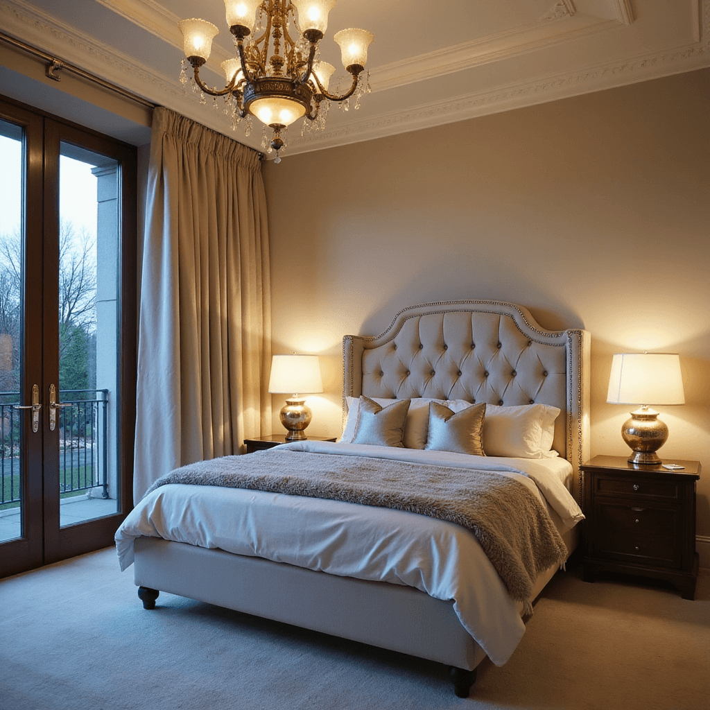 Luxurious neutral bedroom at blue hour featuring a king bed with a tufted ivory velvet headboard, champagne silk curtains framing French doors, layered with pearl-grey sateen sheets and cream mohair throws, accented by metallic pillows. An antique brass chandelier and mercury glass table lamps add warm lighting to the moody atmosphere.