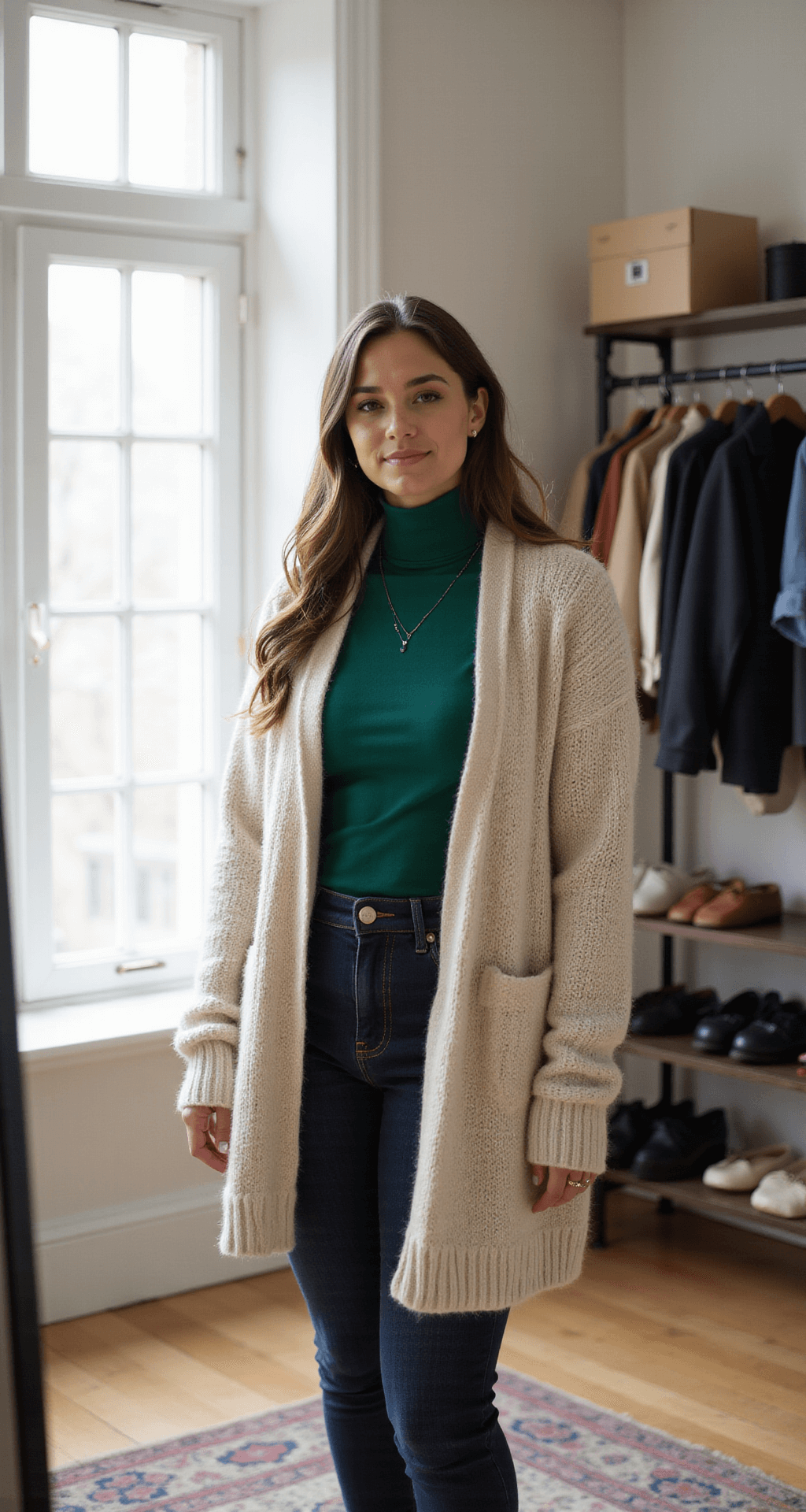 A plus-size model in a minimalist dressing room stands before a full-length mirror, wearing an emerald green turtleneck layered under a cream chunky knit cardigan. Soft morning light filters through floor-to-ceiling windows, highlighting the rich textures of her outfit and the organized wardrobe around her.