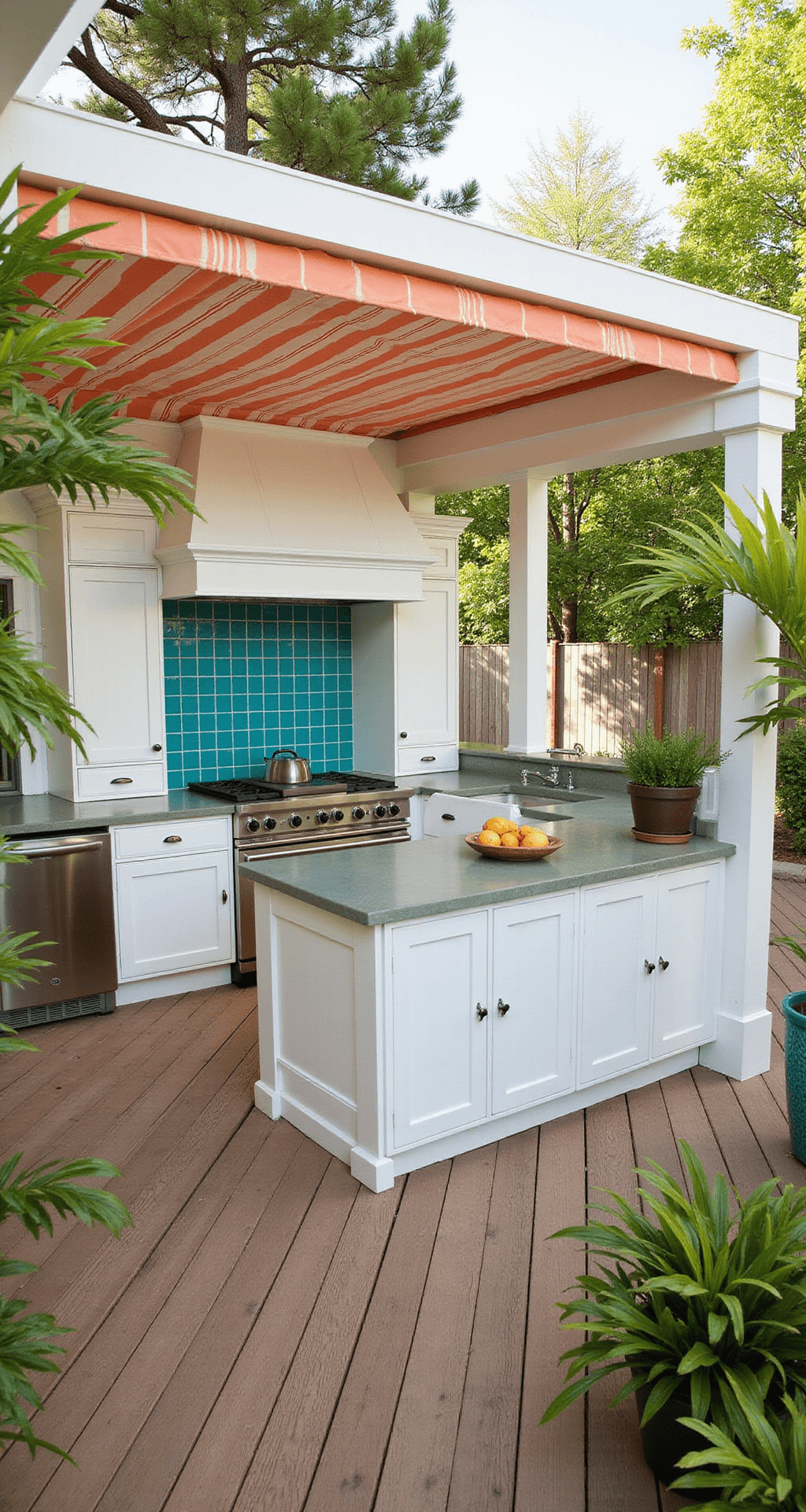 A tropical-inspired deck kitchen featuring a retractable coral striped awning, white aluminum cabinetry, aqua blue glass tile backsplash, weatherproof teak-wrapped refrigerator, seafoam green concrete countertops, and vibrant potted palms, highlighted in bright natural lighting at midday.