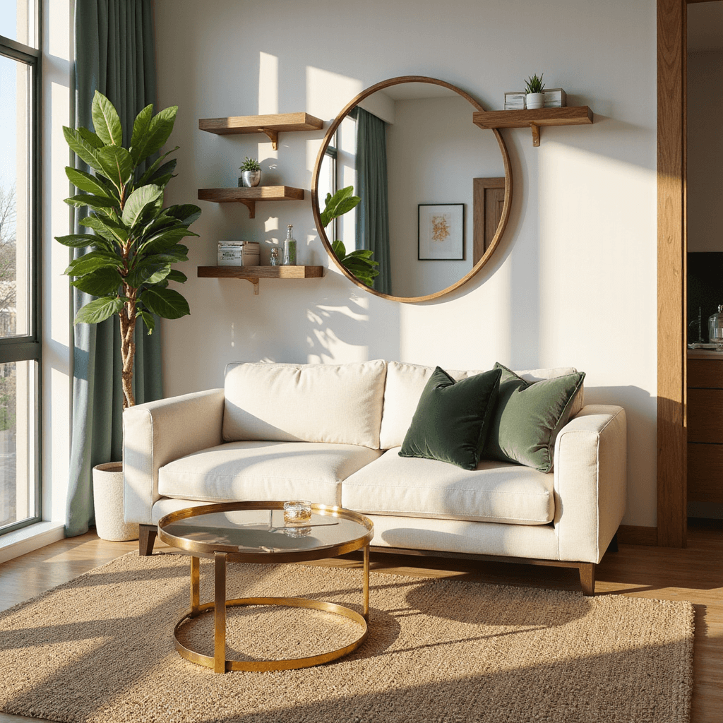A bright, airy 300 sq ft modern living room with cream loveseat, floating walnut shelves, brass nesting coffee table, oversized mirror, jute rug, and sage green pillows, illuminated by golden hour sunlight filtering through floor-to-ceiling windows.