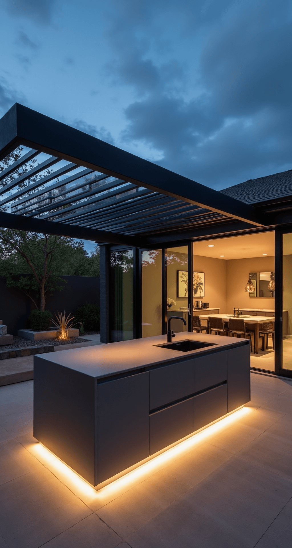 Contemporary minimalist kitchen deck at dusk featuring a black aluminum pergola, a monolithic matte black concrete island with an integrated cooktop and sink, and floor-to-ceiling sliding glass panels. Hidden LED strips create a floating effect under the cabinets, while mixed lighting in cool and warm tones casts dramatic shadows accentuating clean lines.