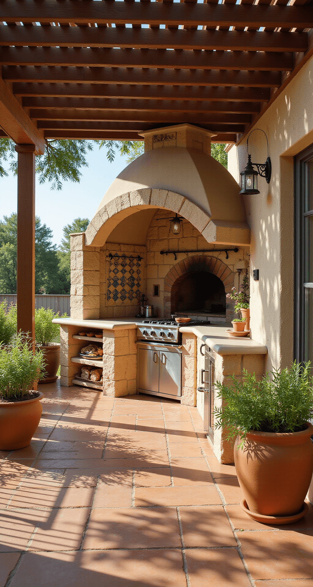 Mediterranean-style covered deck kitchen featuring terracotta tile flooring, hand-painted ceramic tile backsplash, a stone pizza oven, and wrought iron fixtures, illuminated by natural light filtering through pergola slats, creating a warm and inviting atmosphere with herbs in terracotta pots.