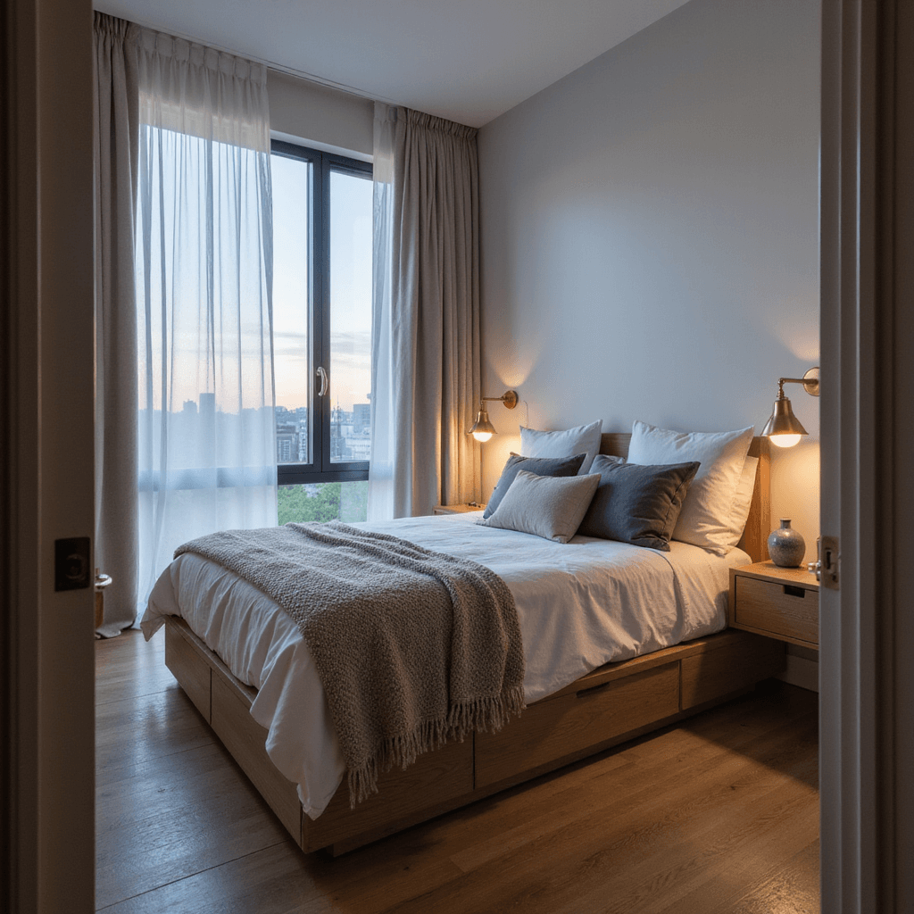 Intimate bedroom sanctuary featuring a queen platform bed with cloud-white linen and textured throws, complemented by floating wooden nightstands and modern ceramic lamps, all softly illuminated by sheer curtains and brass sconces during blue hour.
