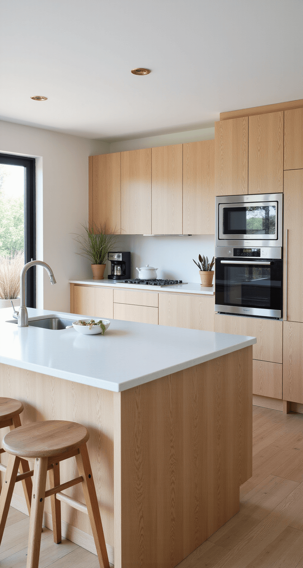 A high-angle view of a Scandinavian-inspired deck kitchen, showcasing a 16x20 ft light oak-clad space bathed in morning light. The design features a white quartz waterfall countertop with an integrated sink, minimalist stainless appliances, and blonde wood cabinets with hidden pulls. The clean and airy atmosphere is enhanced by potted grasses, creating an inviting organic touch.