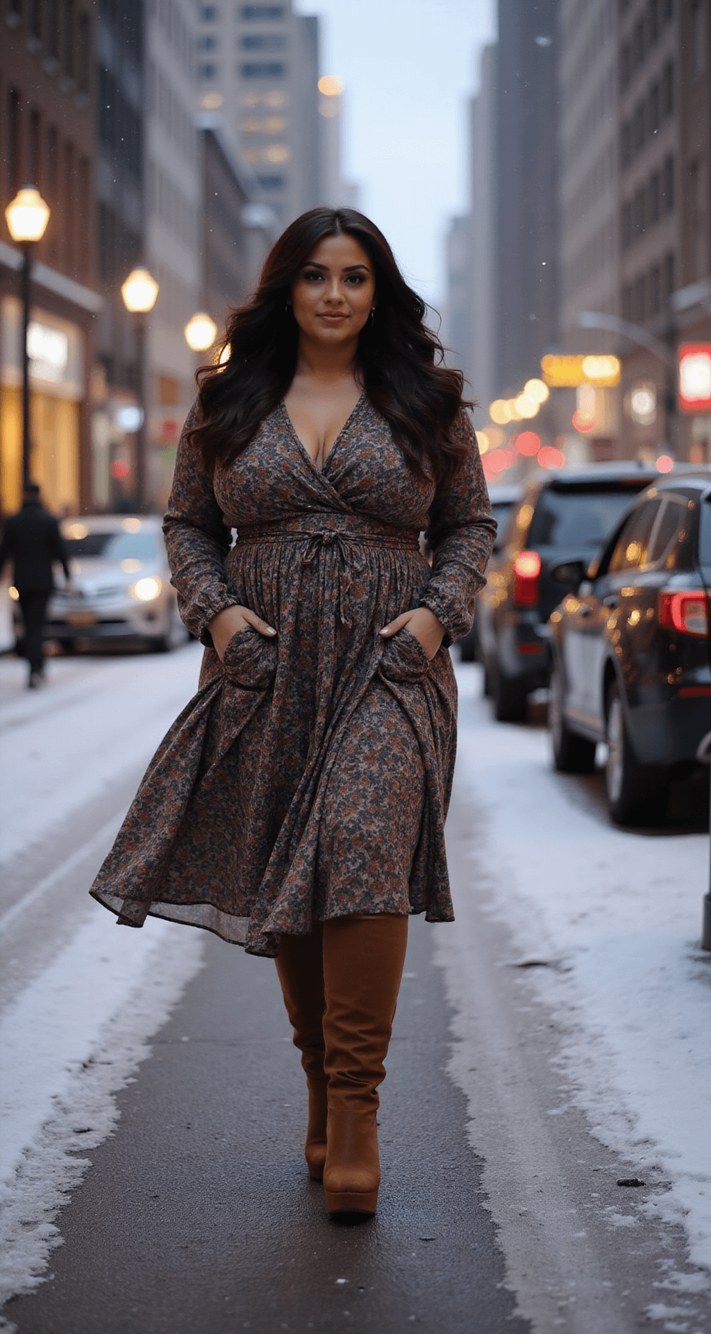 A confident plus-size influencer in a flowing winter floral midi dress and knee-high brown leather boots stands in a snowy city at dusk, captured from street level with a soft focus on the stylish footwear.