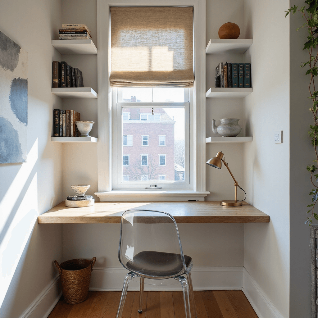 A bright midday scene of a multi-functional home office nook featuring a bleached oak floating desk under a window, a ghost chair, and a vintage brass task lamp. White floating shelves above hold curated books and ceramics, while afternoon sun creates geometric shadows through a sheer roman shade.