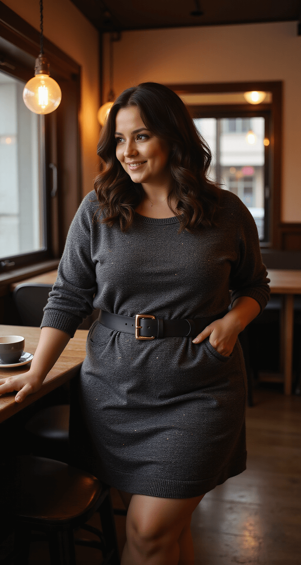 A plus-size model in a figure-hugging heathered charcoal sweater dress, cinched with a wide statement belt, seated in a cozy coffee shop corner with warm ambient lighting. A laptop and coffee cup are nearby, highlighting the lifestyle setting.