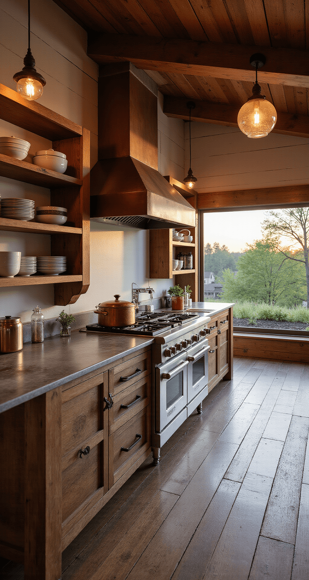 Farm-to-table kitchen featuring salvaged barn wood, custom zinc countertops, vintage commercial range, and open shelving with earthenware, all set in a 24x30 ft wraparound space at sunset, emphasizing a rustic yet elegant mood with warm lighting and an herb garden in the background.