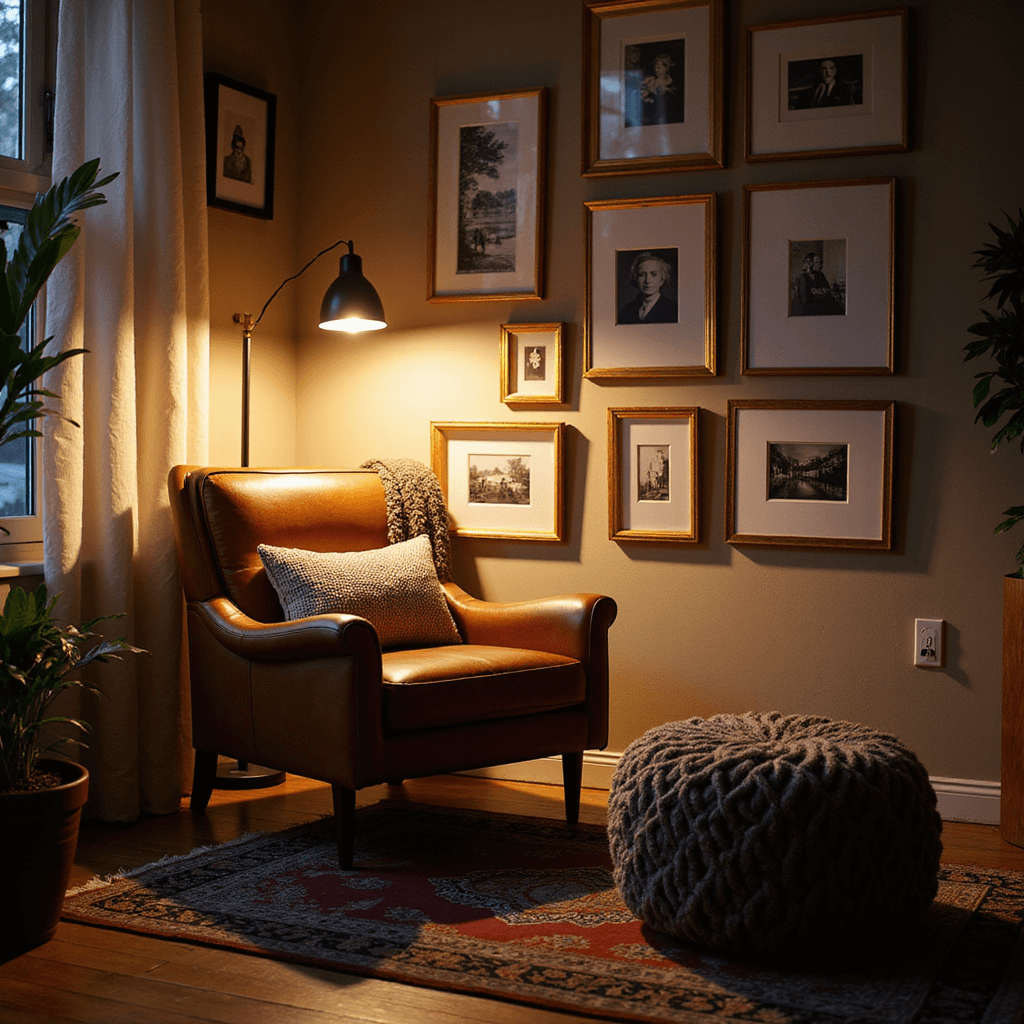 Evening living room featuring a cozy reading corner with a mid-century modern cognac leather armchair, illuminated by layered lighting including a floor lamp and hidden LED strips. A gallery wall of black and white photographs in gold frames complements textural elements like a chunky knit throw, velvet ottoman, and vintage Persian rug, all captured from a low angle to enhance the intimate atmosphere.