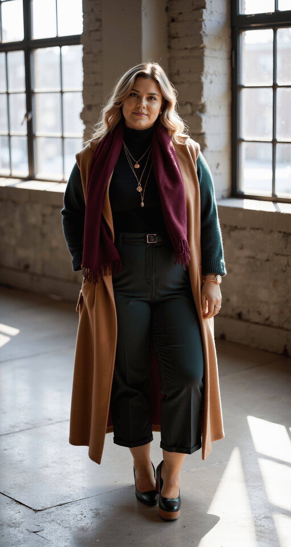 A plus-size model stands in a modern loft, illuminated by afternoon light, wearing a layered outfit consisting of a black fitted turtleneck, an oversized forest green cardigan, and a camel wool coat. She accessorizes with a wide burgundy scarf and gold-toned jewelry, showcasing a stylish and comfortable look.