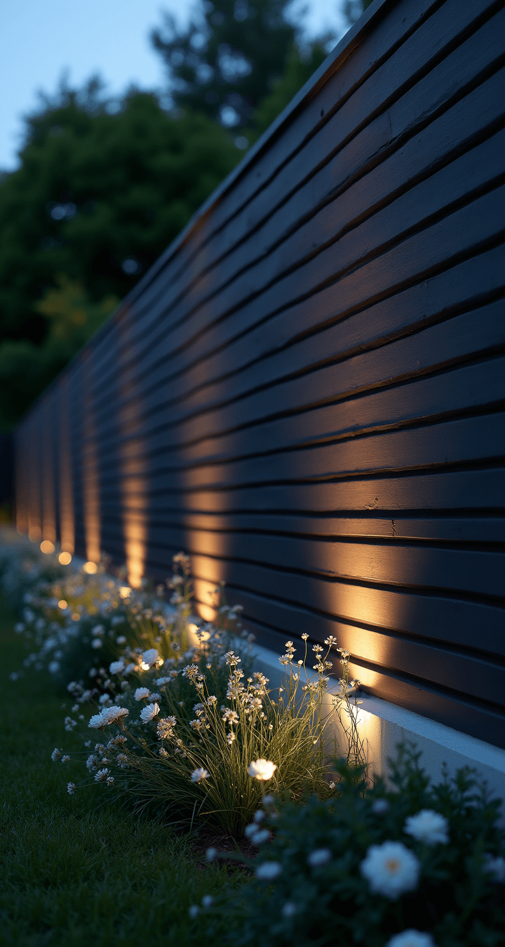 A dramatic twilight garden scene featuring a tall matte black slat fence illuminated by modern LED uplighting, with white David Austin roses and silver-leafed artemisia contrasting against the dark background, captured from a ground-level perspective that highlights the fence's height, surrounded by softly blurred foliage in a mix of cool blue and warm light.