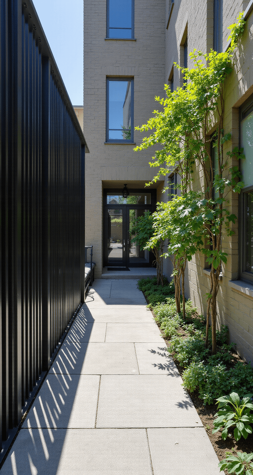 Aerial view of a bright urban courtyard featuring sleek black aluminum fencing, minimalist concrete pavers leading to a modern lounge area, and emerald green climbing vines on geometric trellises, with sharp shadows creating geometric patterns on light gray flooring.