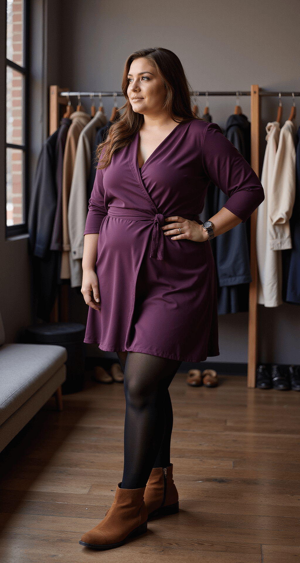 Close-up of a plus-size model in a boutique dressing room, styling thermal tights under a deep purple wrap dress, showcasing textures of silky fabric, opaque tights, and suede boots, with organized accessories in the background.