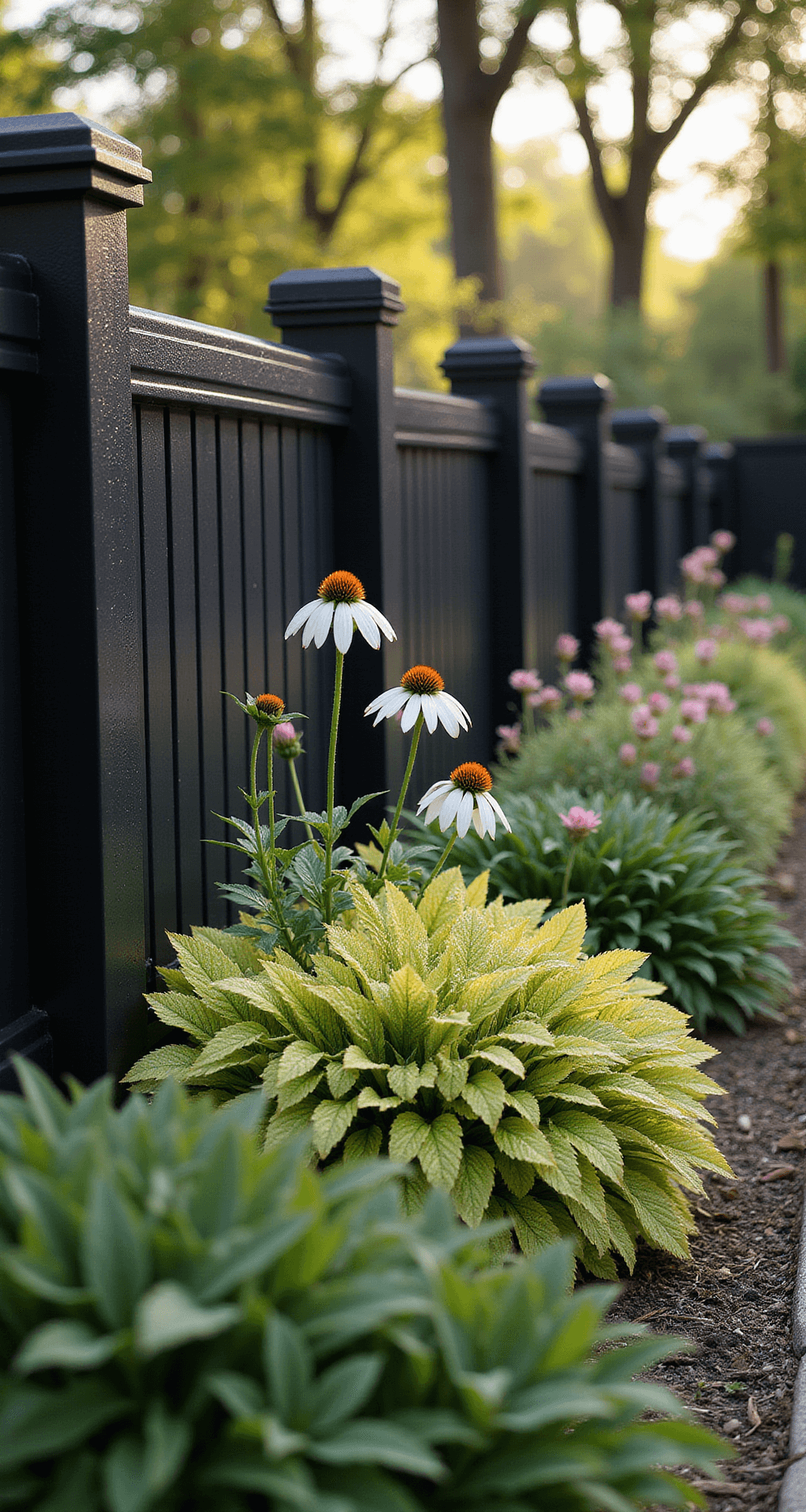 A serene morning garden scene features a curved black composite fence behind a lush perennial border, with dew-kissed chartreuse hostas and white echinacea flowers in focus. Golden light streams through trees, casting dappled patterns, creating an ethereal atmosphere.