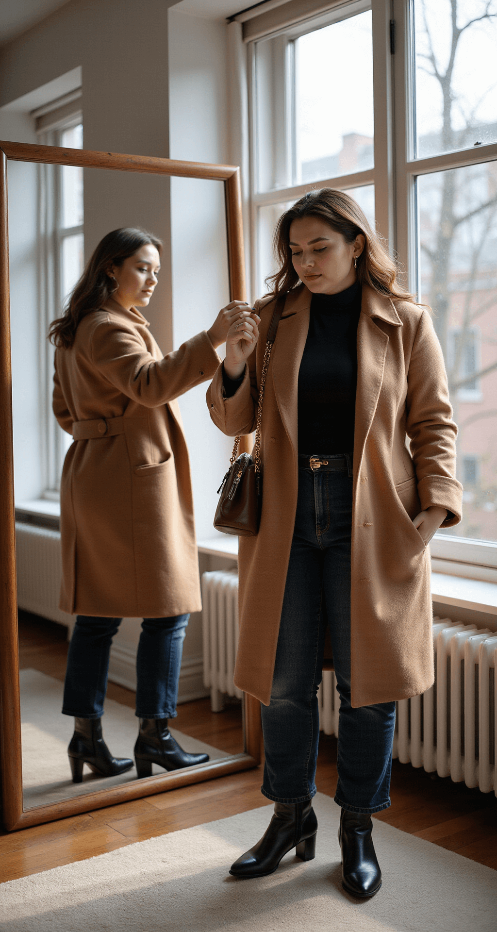 A plus-size model in a sun-filled modern dressing room adjusts a luxurious camel wool-blend belted coat in front of a full-length mirror, wearing a black fitted turtleneck and dark-wash jeans, complemented by leather ankle boots and a burgundy leather tote, with natural makeup and soft waves in her hair.