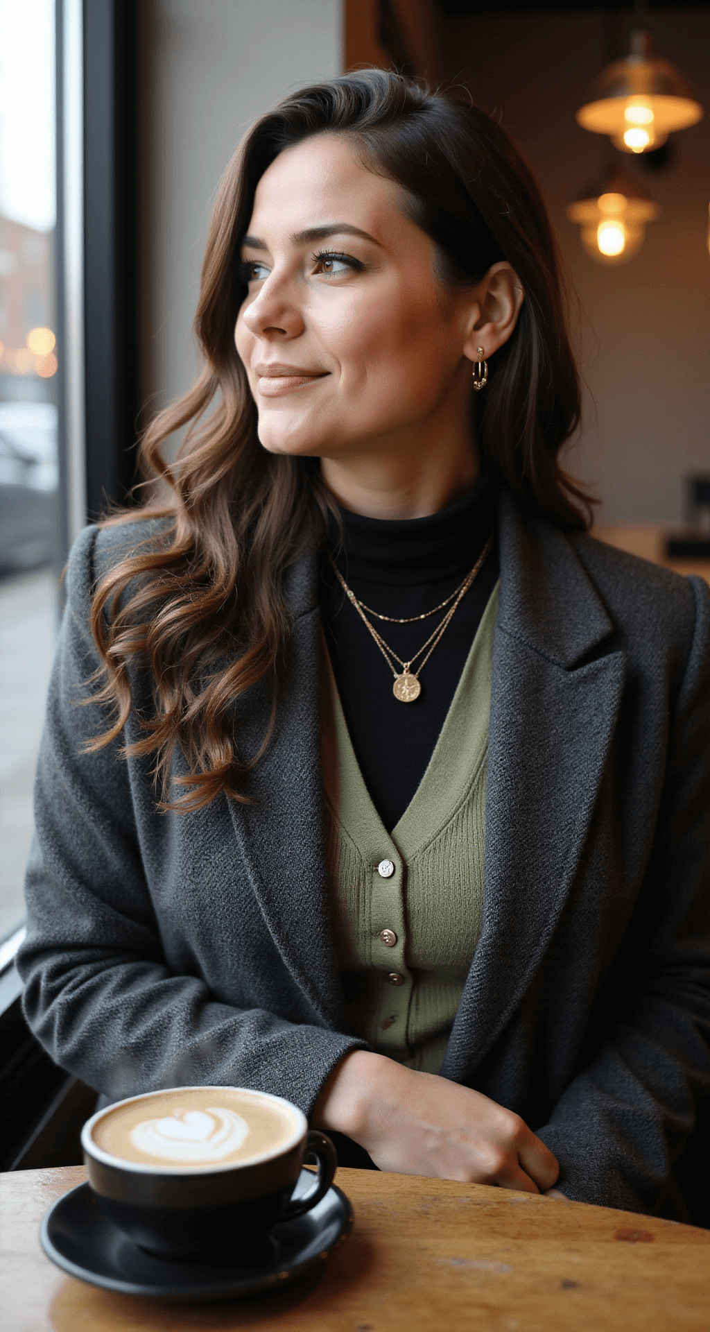 A curvy woman sits at a window seat in a cozy urban coffee shop, layering a fitted black thermal top, a sage green cashmere sweater, and a structured charcoal blazer. Delicate gold necklaces adorn her neck as steam rises from a latte on the wooden table, captured in a close-up shot during the golden hour.