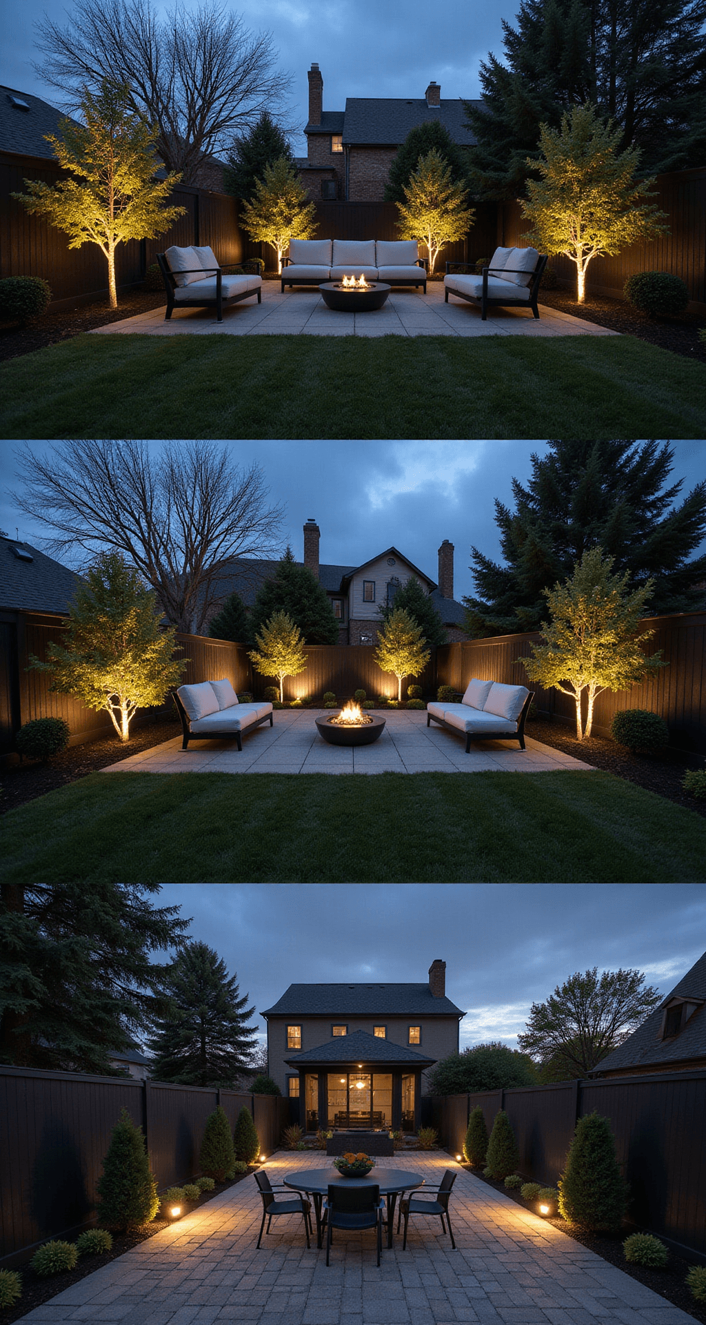 Contemporary suburban backyard featuring 8-foot black resin fence panels with integrated LED lighting, charcoal and cream outdoor furniture, and uplighting on specimen trees, captured in a wide-angle shot during twilight.