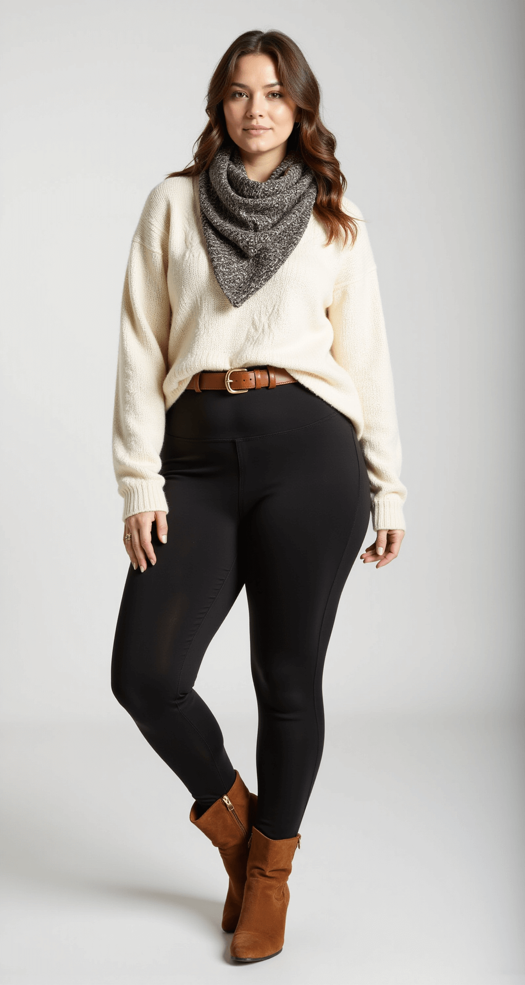 Plus-size model in a cream cable-knit sweater and high-waisted black thermal leggings, accessorized with a wide cognac leather belt and knee-high brown suede boots, posed in a minimalist white studio with soft lighting.