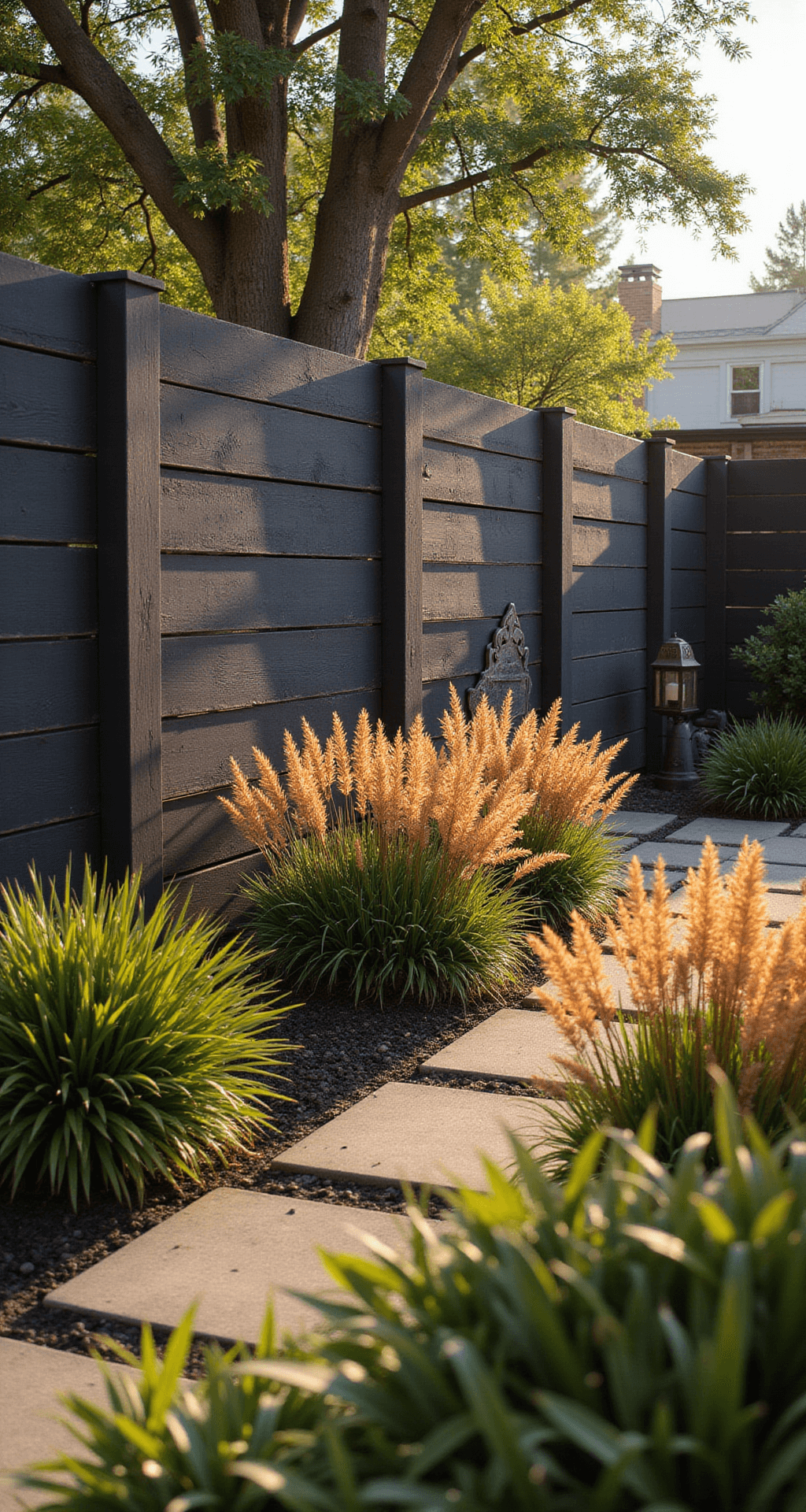 Rustic-modern garden boundary with a distressed black wooden fence displaying mixed horizontal and vertical planking, native grasses in copper and gold tones in the foreground, and vintage metal garden elements, captured during golden hour from a slight elevation with warm, natural lighting.
